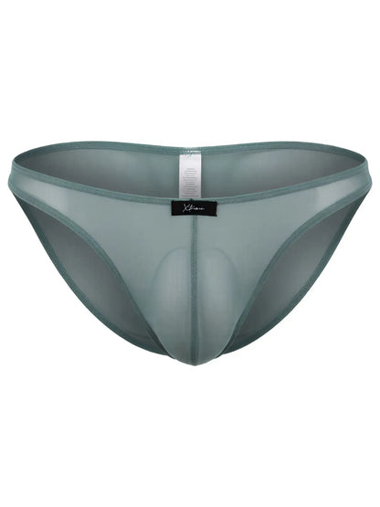 Xtremen sage green sheer mesh bikini brief with a contoured pouch and center seam detail.