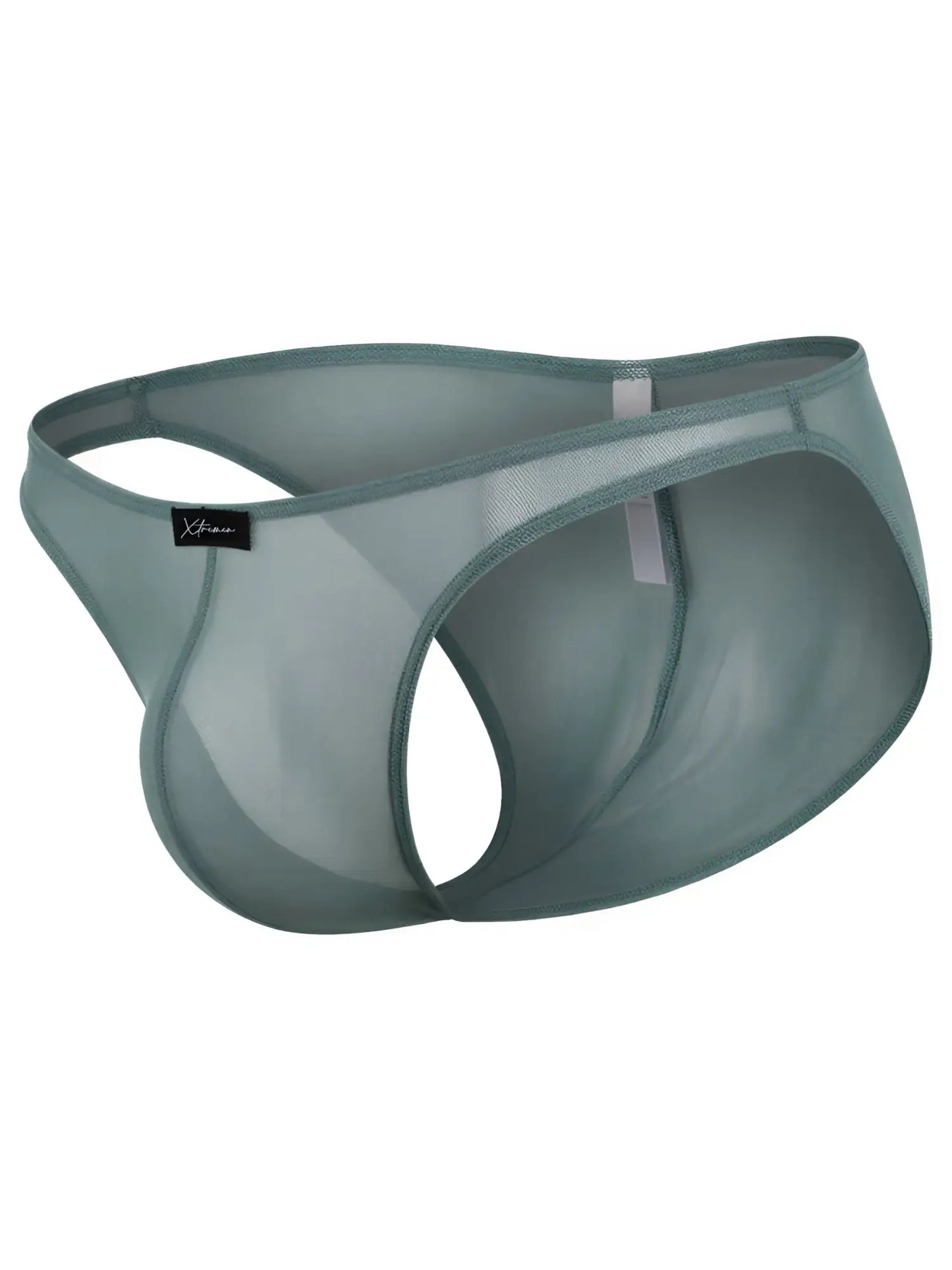 Xtremen sage green sheer mesh bikini brief with a high-cut leg and logo tab.