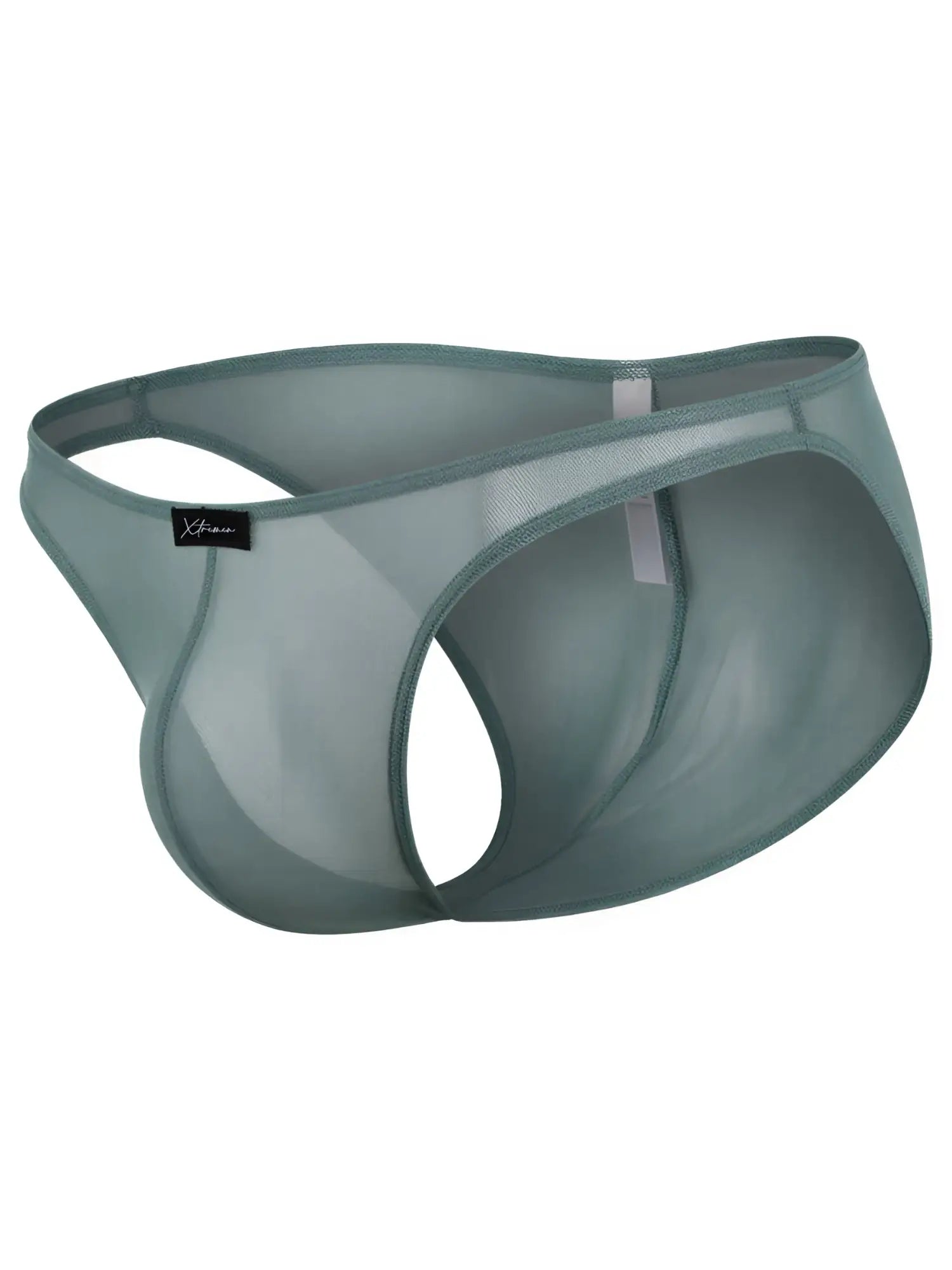 Xtremen sage green sheer mesh bikini brief with a high-cut leg and logo tab.