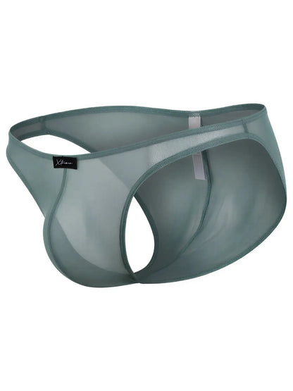 Xtremen sage green sheer mesh bikini brief with a high-cut leg and logo tab.