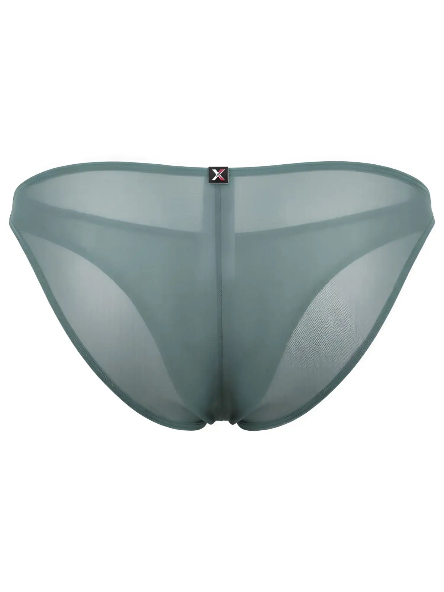 Xtremen sage green sheer bikini briefs with a center back seam and branded logo tab at the waistband.