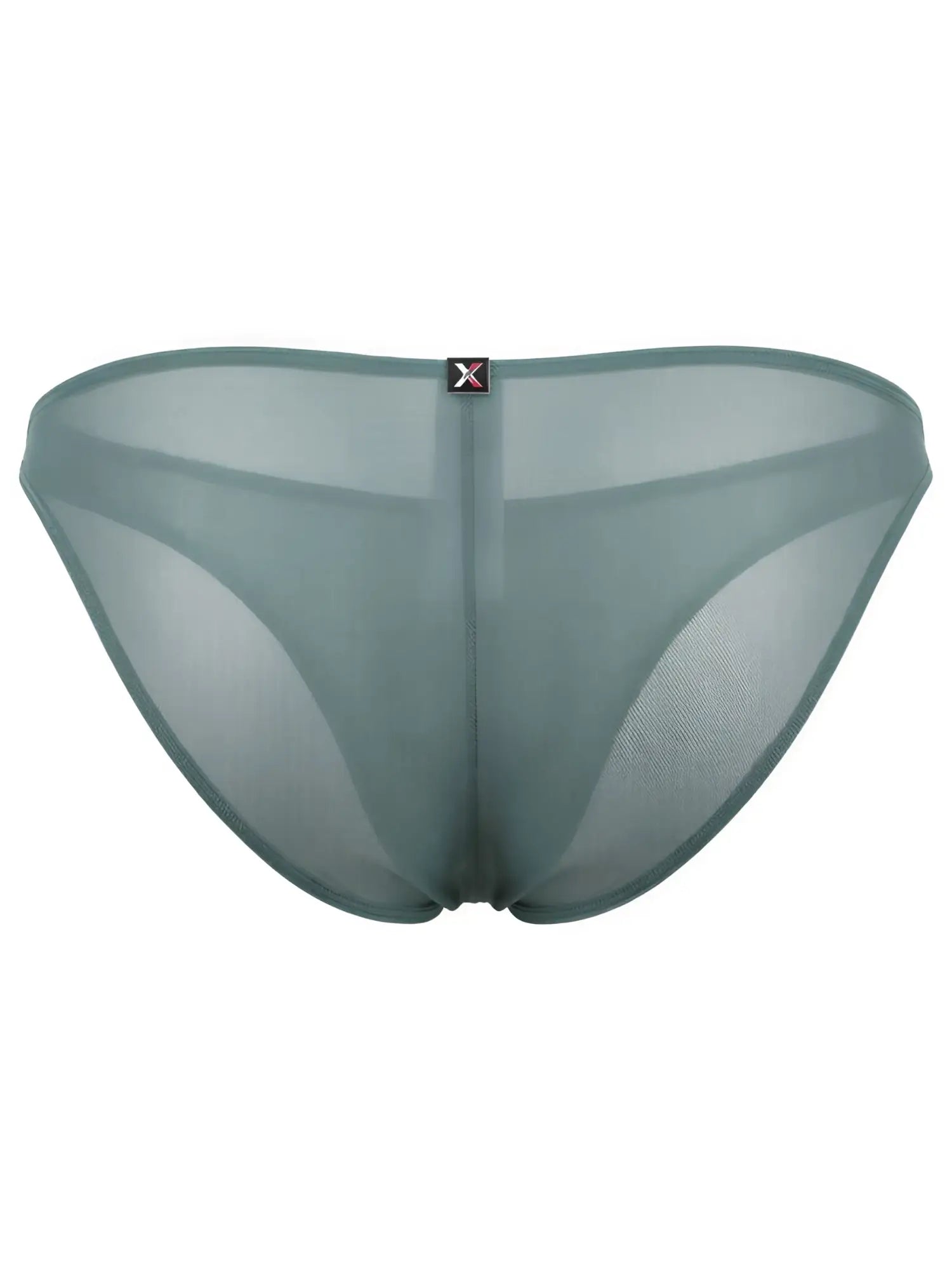 Xtremen sage green sheer bikini briefs with a center back seam and branded logo tab at the waistband.