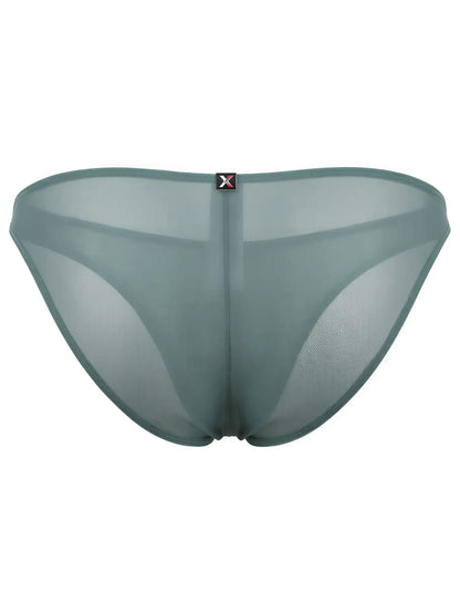 Xtremen sage green sheer bikini briefs with a center back seam and branded logo tab at the waistband.