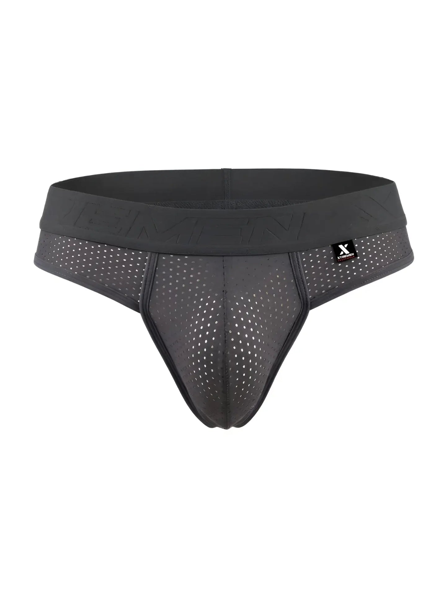 Black mesh athletic briefs with branded logo on waistband made from breathable microfiber mesh in gray color