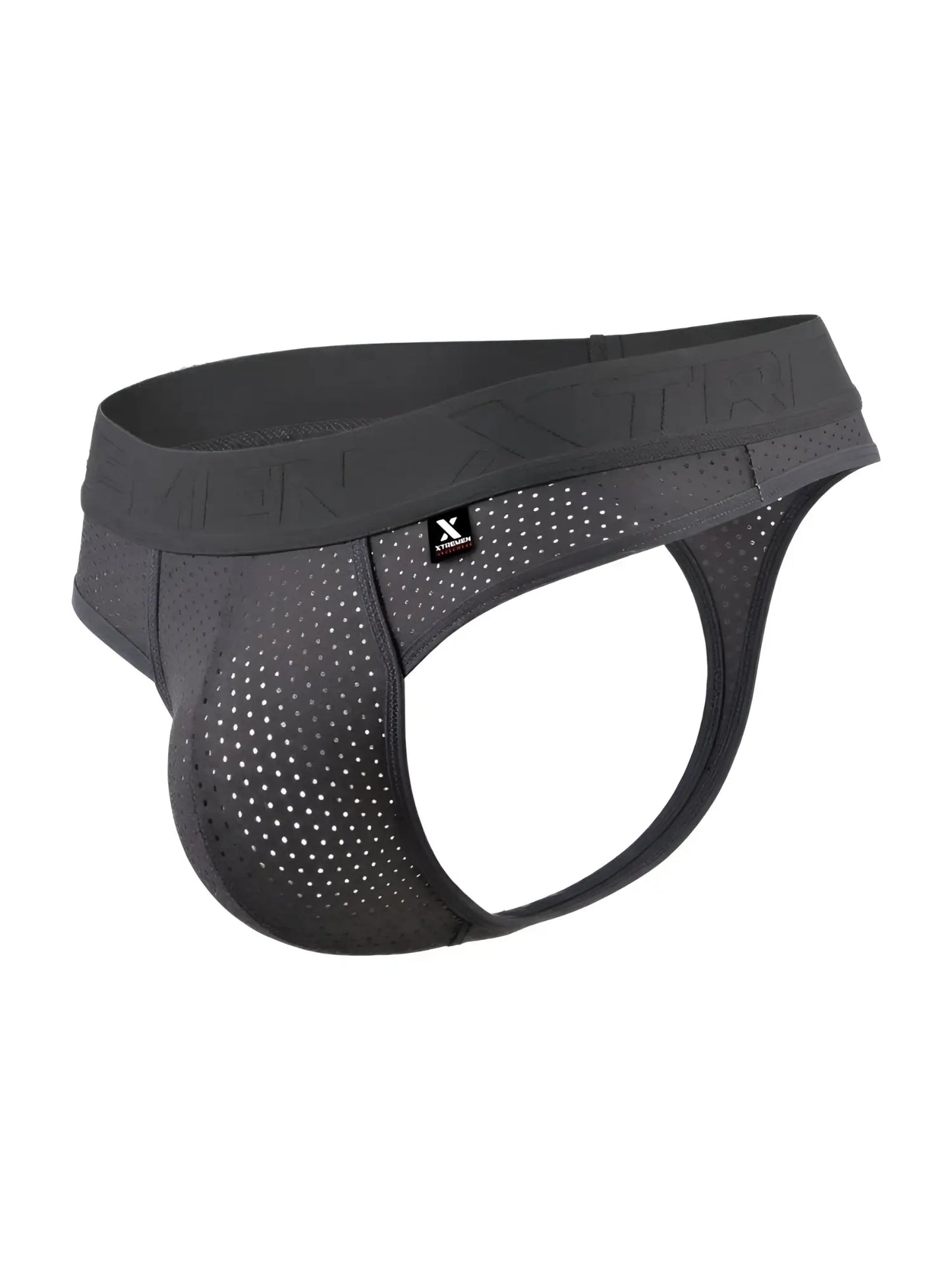 Black perforated men’s briefs with branded waistband made of microfiber mesh in gray for comfortable wear