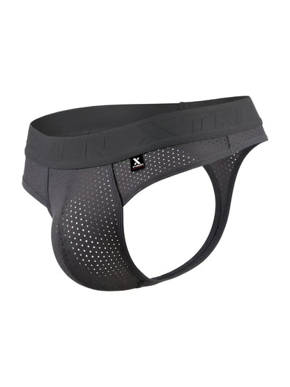 Black perforated men’s briefs with branded waistband made of microfiber mesh in gray for comfortable wear
