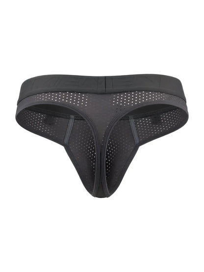 Gray Xtremen 91268 microfiber mesh thong with solid waistband and perforated design front view