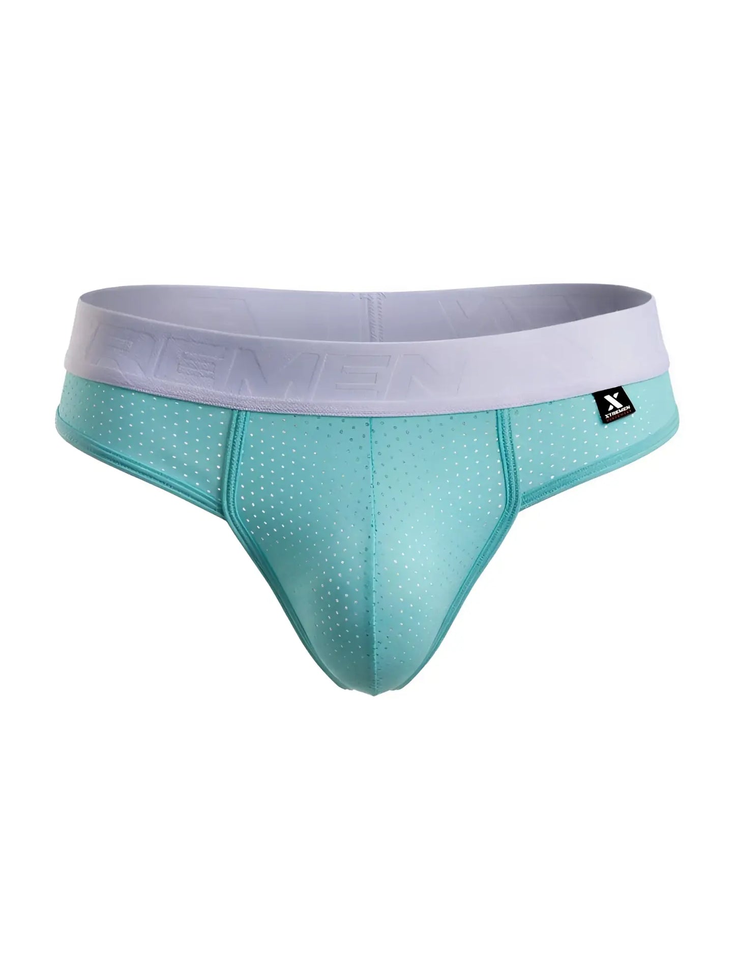 Teal mesh athletic briefs with white elastic waistband featuring x-strong logo in seawater microfiber mesh