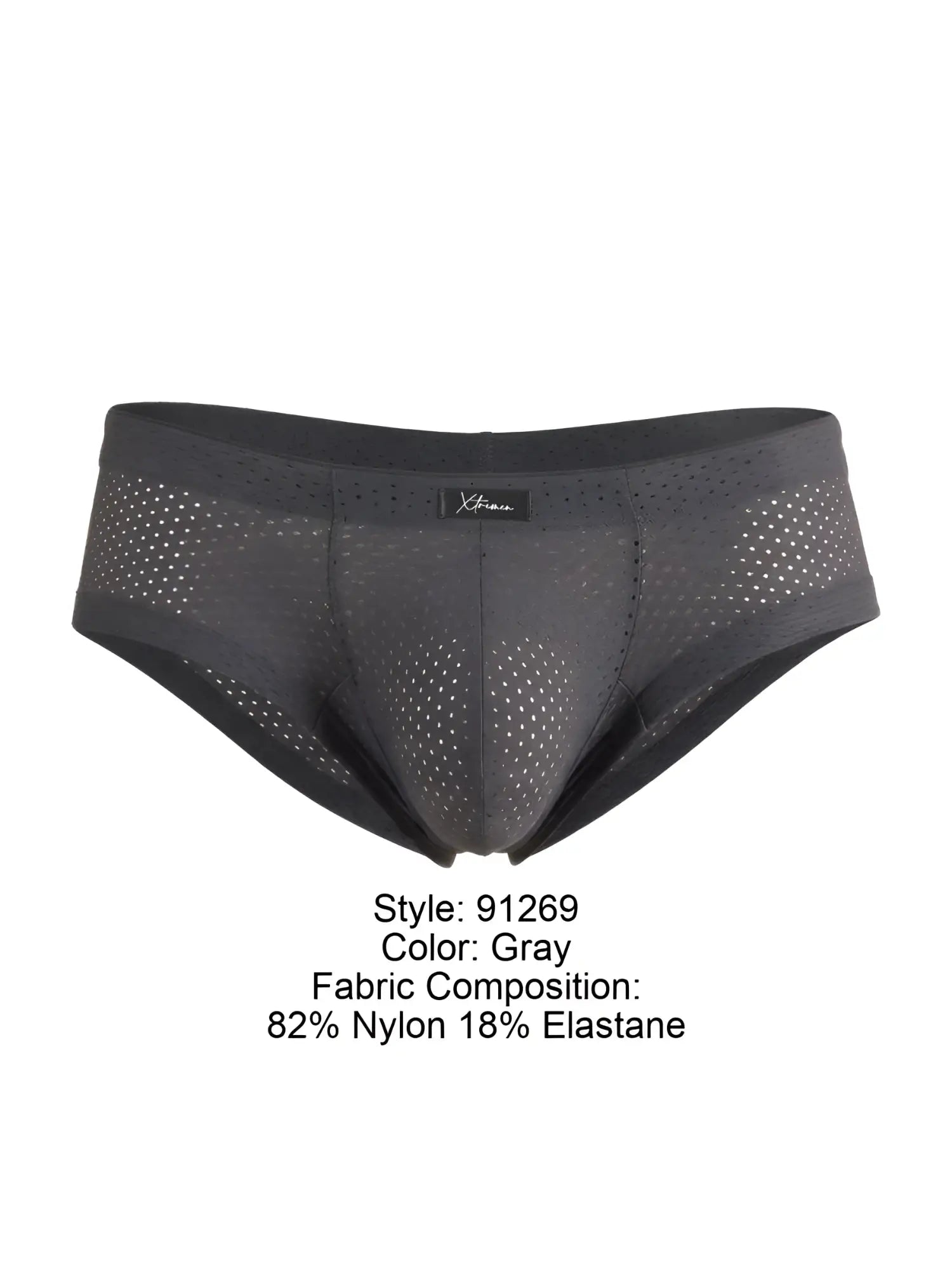 Gray xtremen 91269 microfiber mesh briefs with perforated design black trim made from 82 nylon 18 elastane