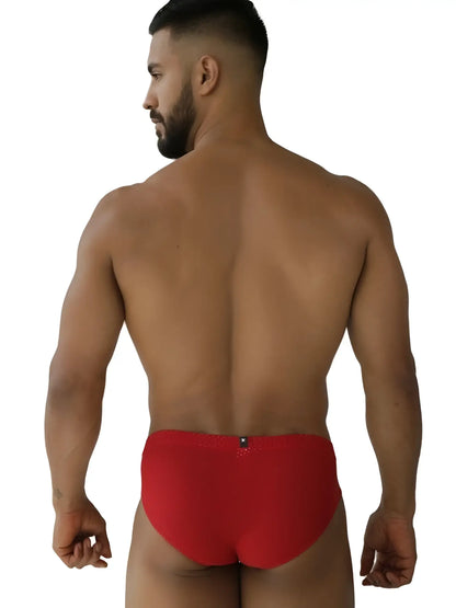 Back view of xtremen 91270 red microfiber mesh briefs with a small metallic clasp detail