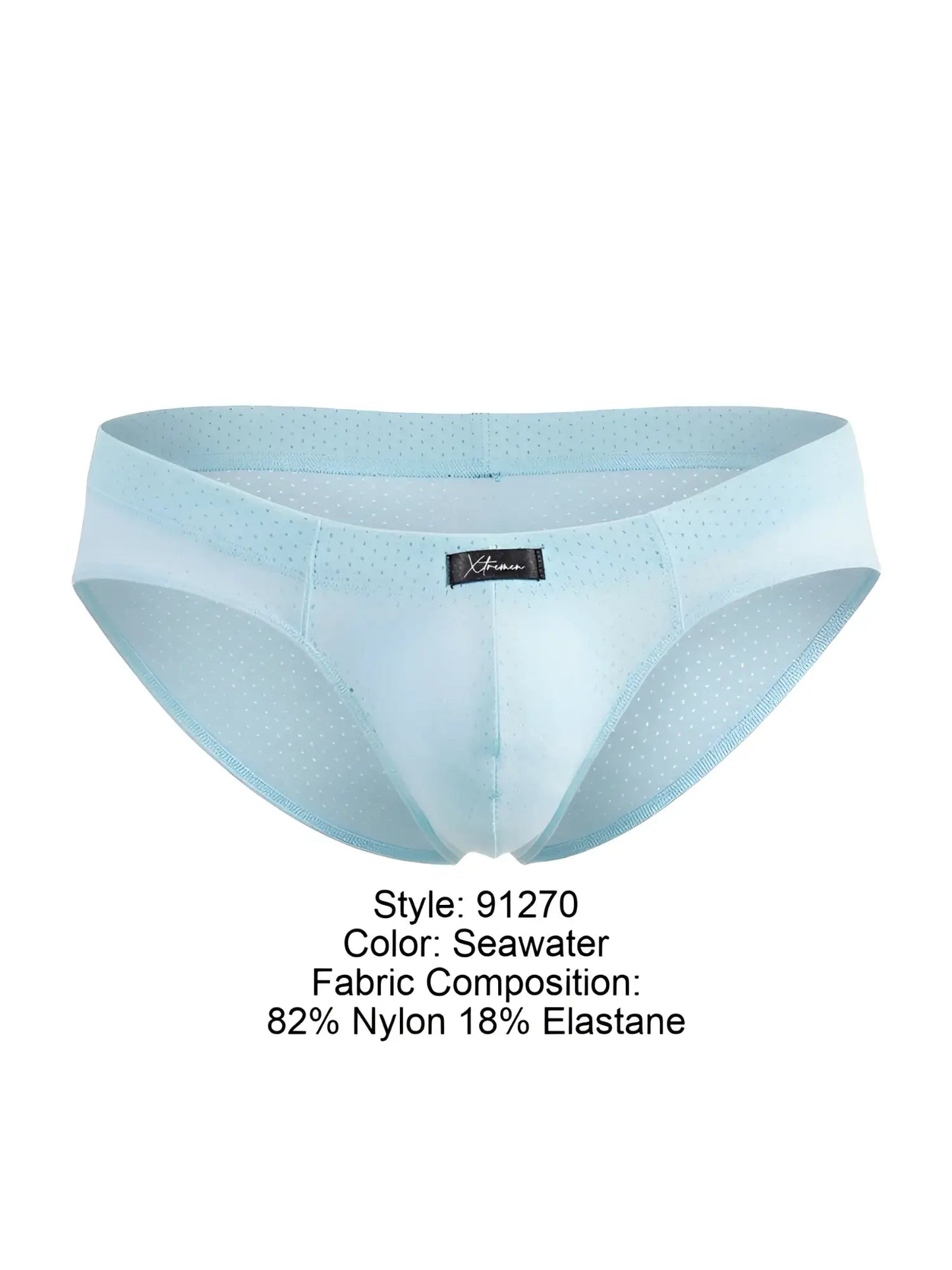 Light blue seawater microfiber mesh men’s briefs with subtle dotted texture made of 82 nylon 18 elastane
