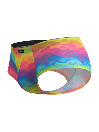 Xtremen 91283 rainbow printed microfiber briefs with vibrant rainbow tie-dye pattern and black elastic waistband