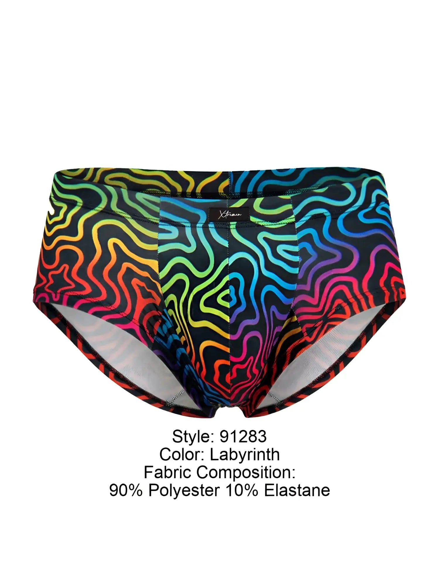 Xtremen 91283 rainbow printed microfiber briefs with vibrant psychedelic labyrinth pattern and black trim swim trunks