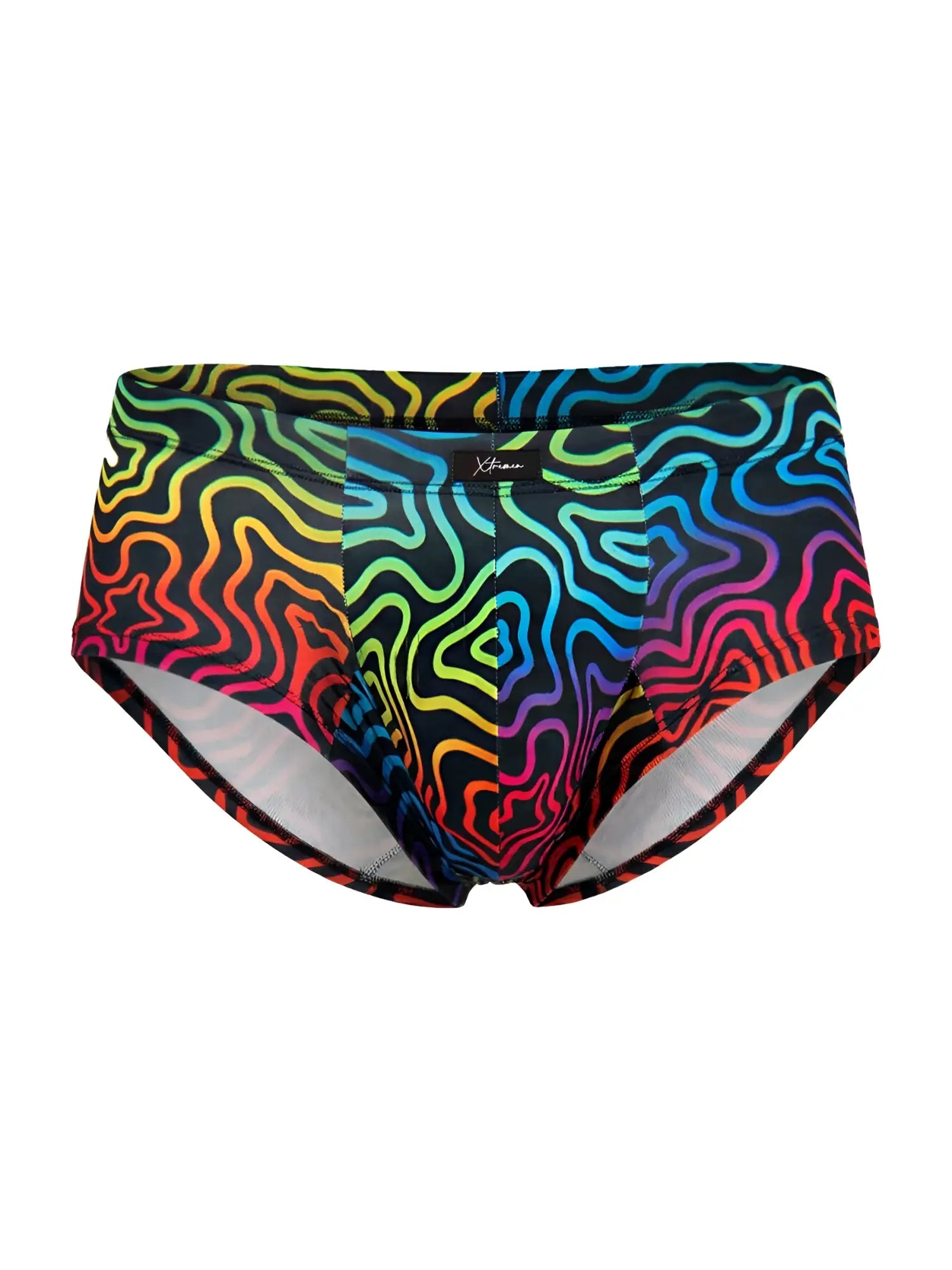 Xtremen 91283 rainbow printed microfiber briefs with vibrant rainbow wave pattern stretchy seamless fabric and black trim