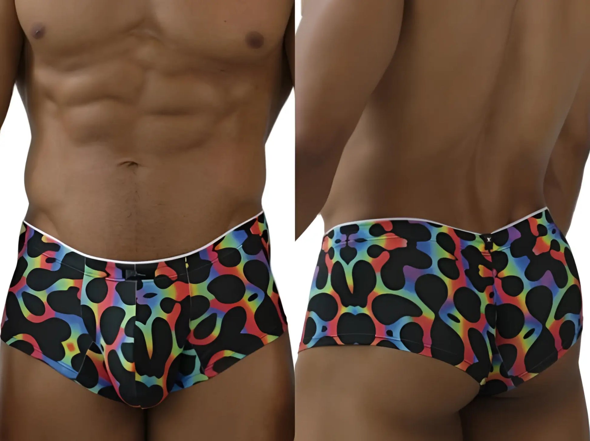 Xtremen 91283 rainbow printed microfiber briefs with black abstract pattern and white waistband in mushroom color