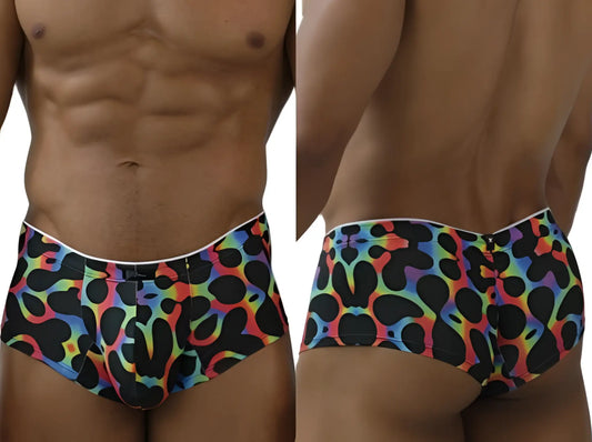 Xtremen 91283 rainbow printed microfiber briefs with black abstract pattern and white waistband in mushroom color
