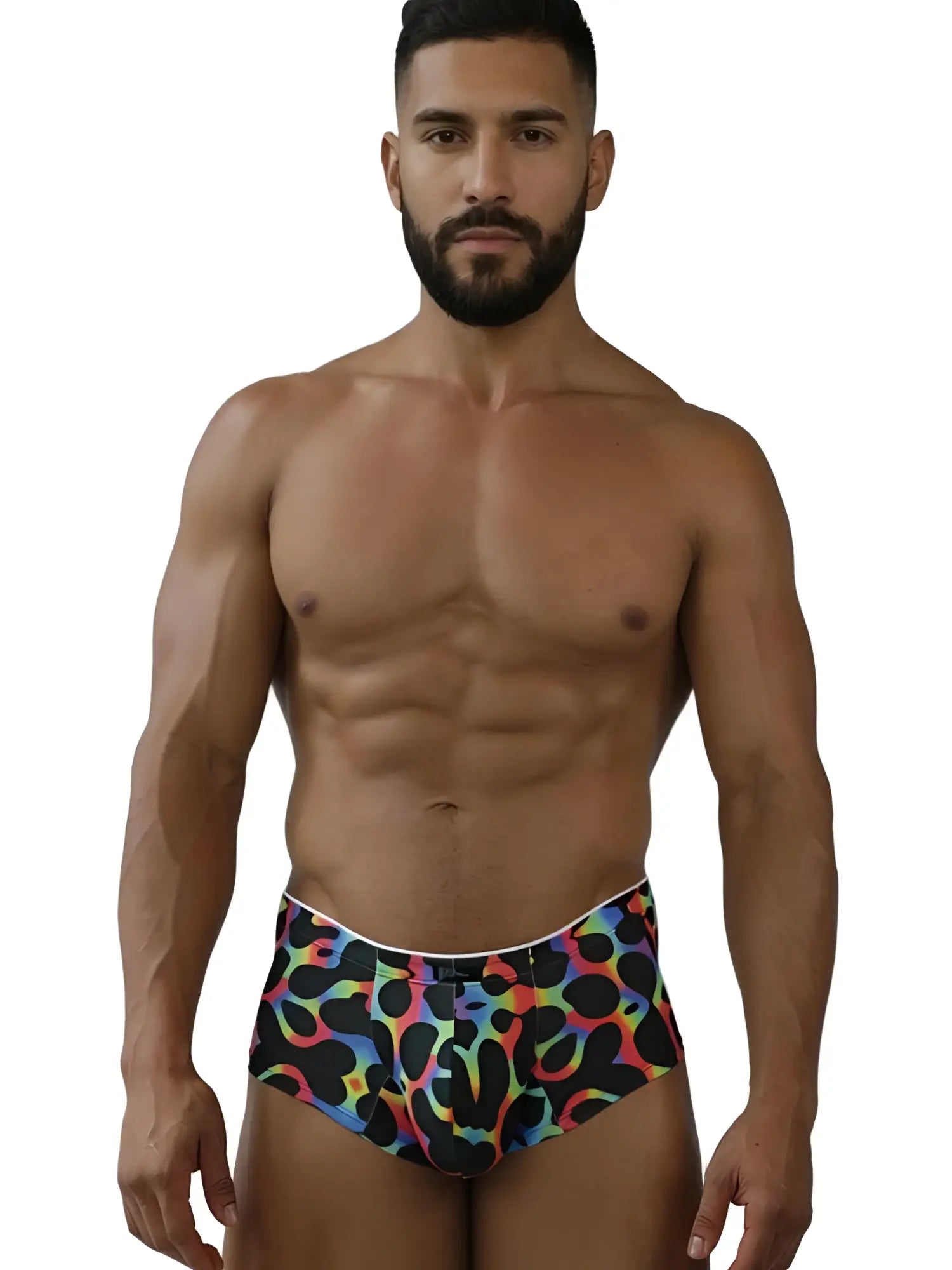 Xtremen 91283 rainbow printed microfiber briefs in mushroom color with rainbow leopard print and black spots