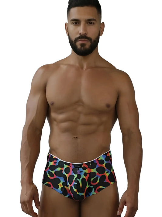 Xtremen 91283 rainbow printed microfiber briefs in mushroom color with rainbow leopard print and black spots