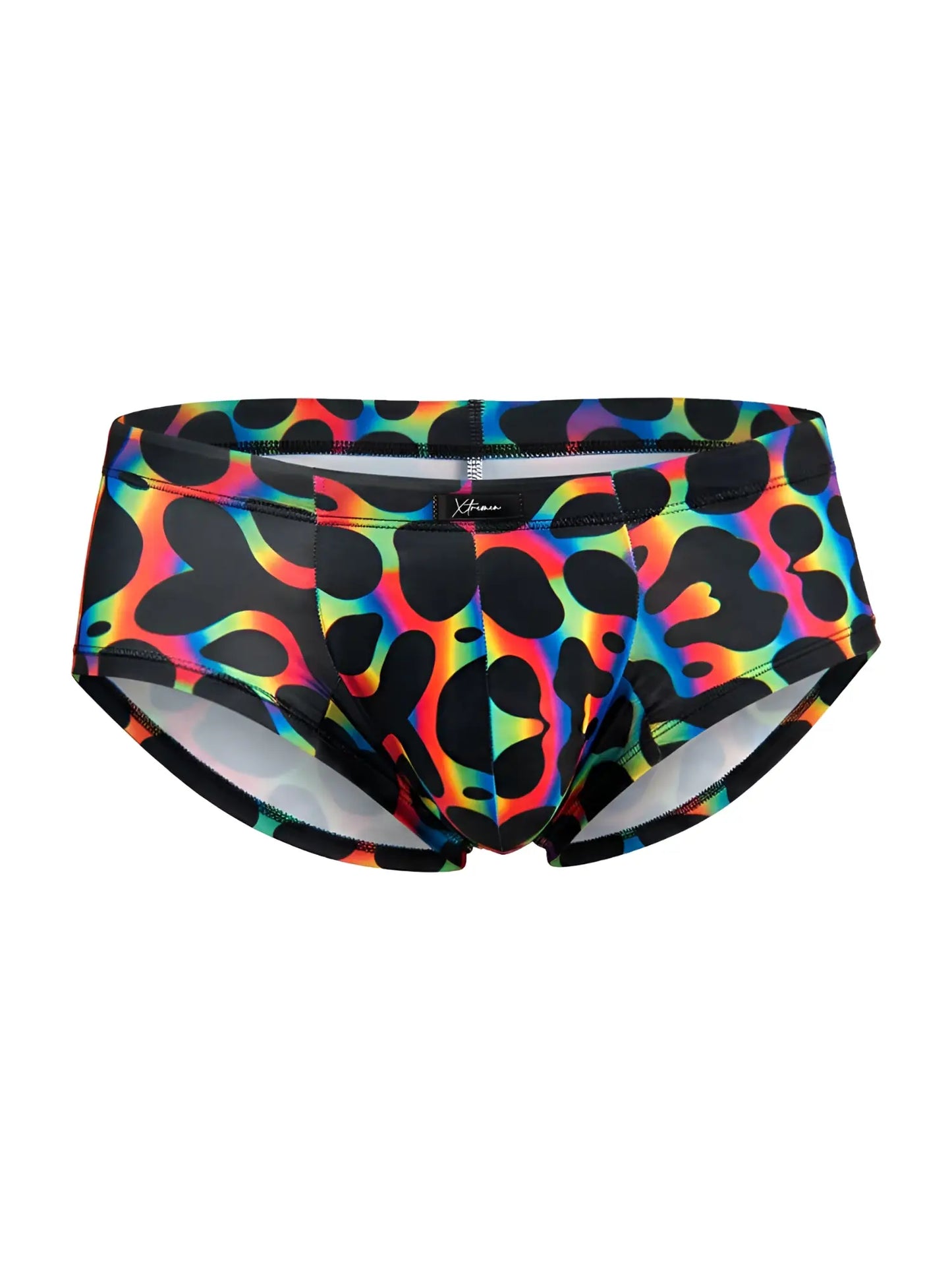 Xtremen 91283 rainbow printed microfiber briefs in vibrant rainbow colors with bold black leopard print pattern