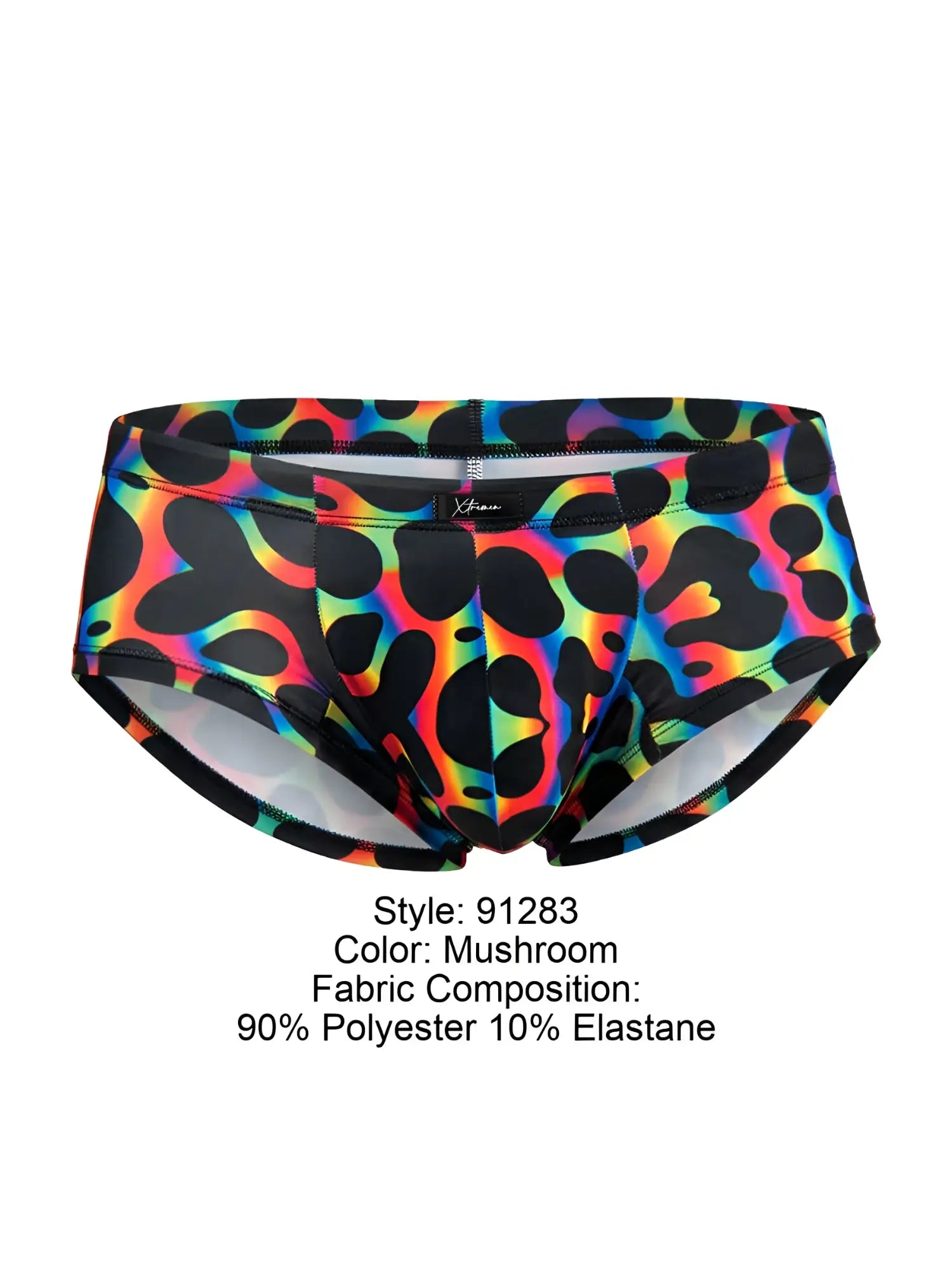 Xtremen 91283 rainbow printed microfiber briefs in vibrant rainbow leopard-print mushroom colorway made of polyester elastane