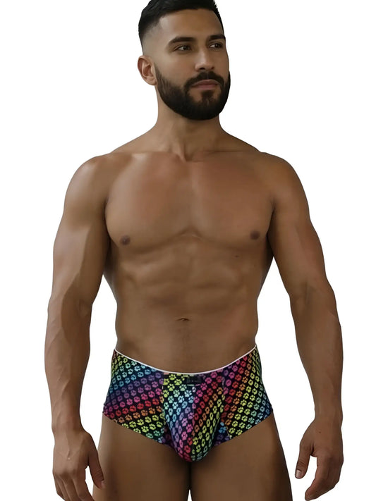 Xtremen 91283 rainbow printed microfiber briefs with a rainbow-colored geometric pattern and paw print design