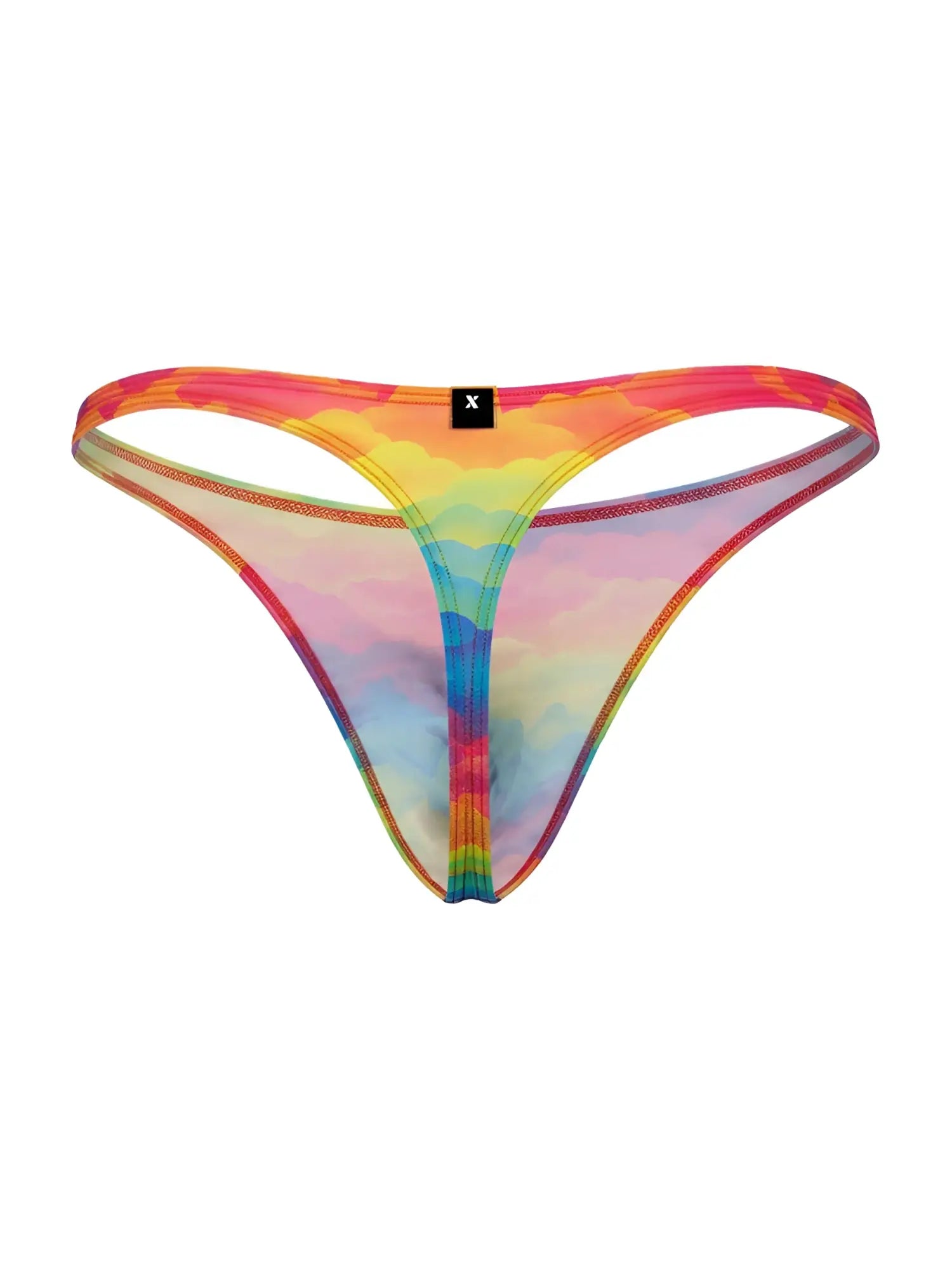 Rainbow tie-dye mesh microfiber thong with black Xtremen brand tag at center waistband from color cloud collection