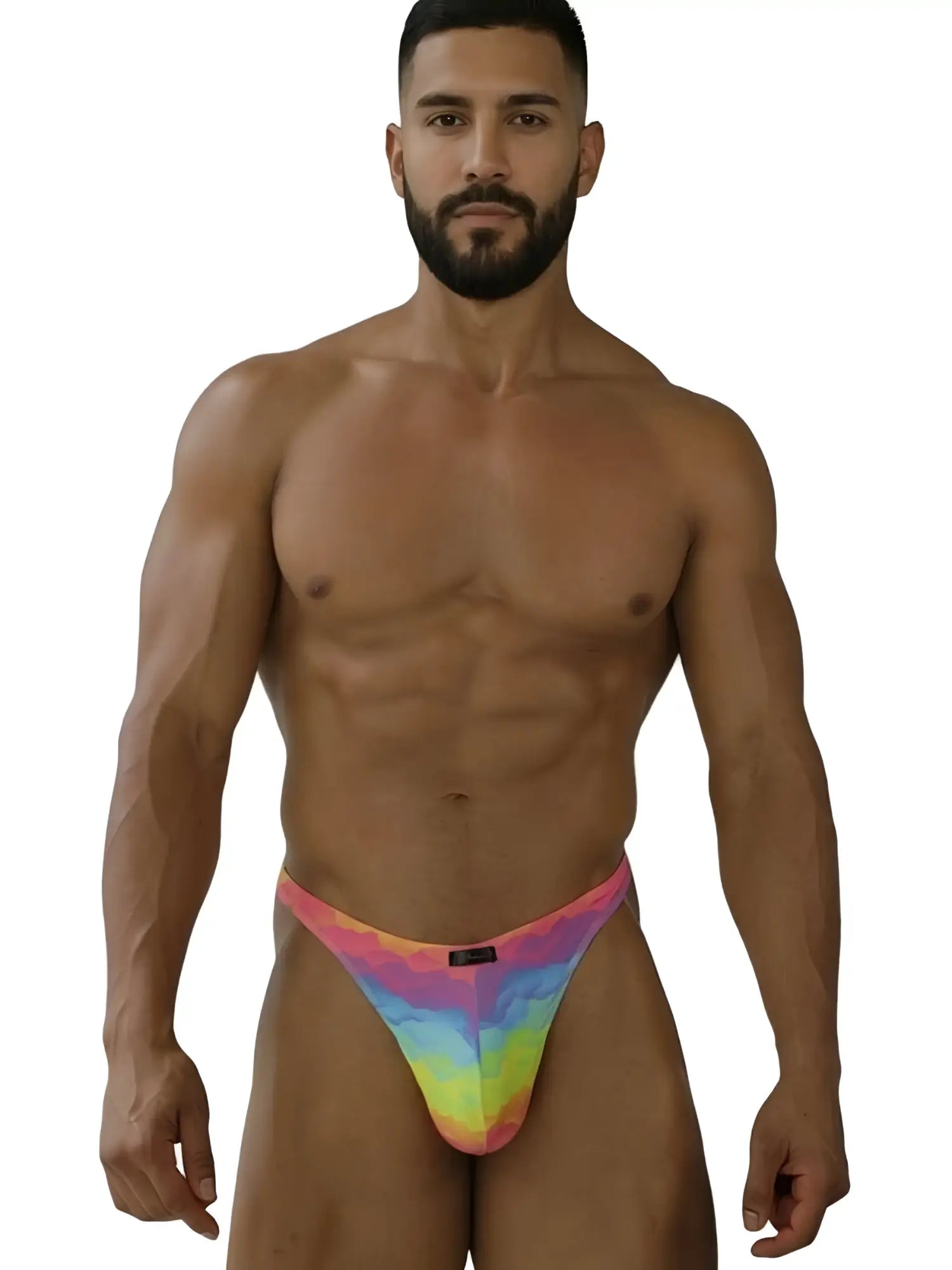 Xtremen 91284 printed microfiber men’s thong in vibrant rainbow tie-dye colors front view