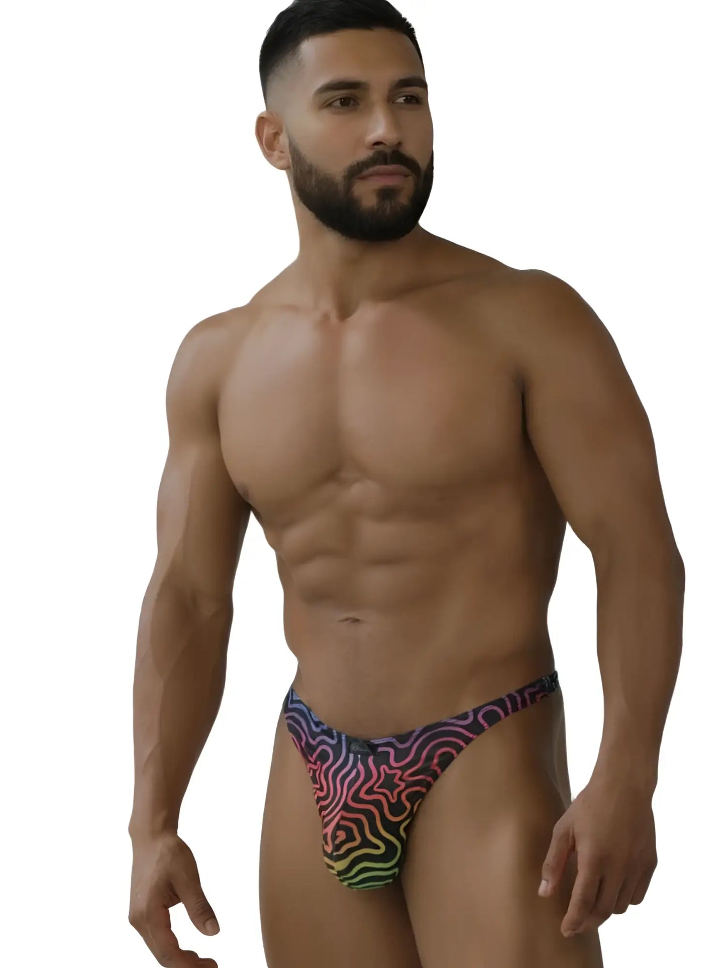 Men’s xtremen 91284 printed microfiber thongs in rainbow psychedelic labyrinth pattern briefs front view