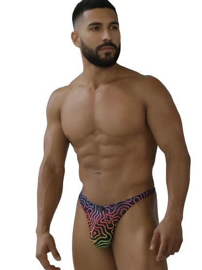 Men’s xtremen 91284 printed microfiber thongs in rainbow psychedelic labyrinth pattern briefs front view
