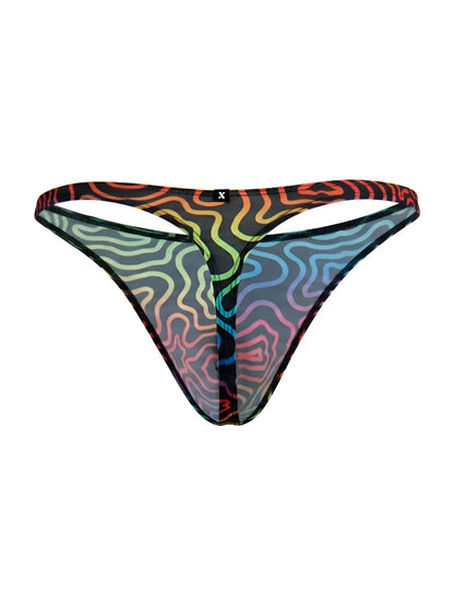 Xtremen 91284 printed microfiber thong in rainbow sheer mesh with wavy pattern and black trim, back side view