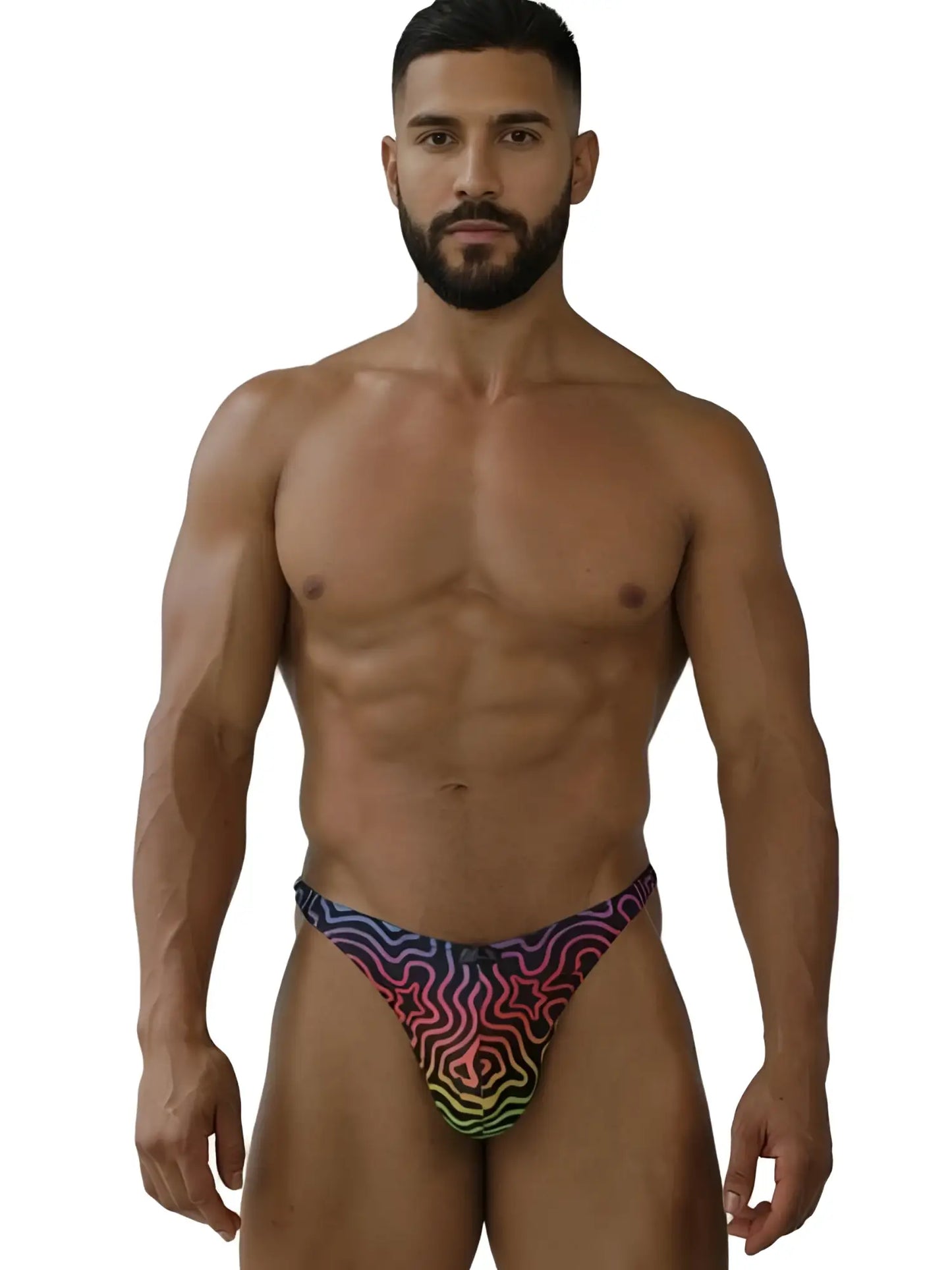Xtremen 91284 printed microfiber thong with vibrant psychedelic rainbow gradient and starburst patterns