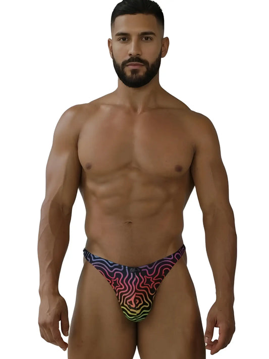 Xtremen 91284 printed microfiber thong with vibrant psychedelic rainbow gradient and starburst patterns