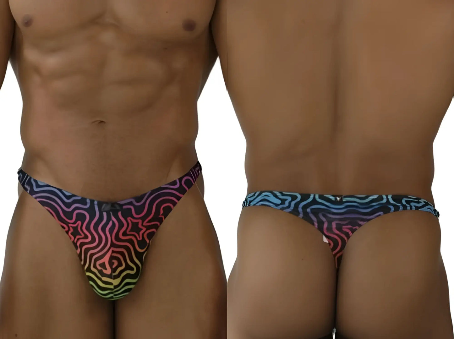 Xtremen 91284 printed microfiber thong with vibrant psychedelic rainbow gradient and bold black wavy lines visible from the back