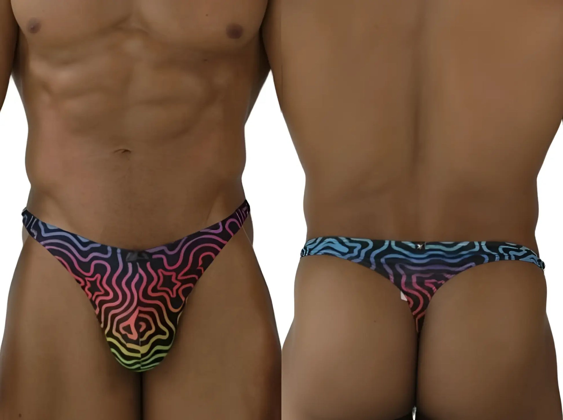 Xtremen 91284 printed microfiber thong with vibrant psychedelic rainbow gradient and bold black wavy lines visible from the back