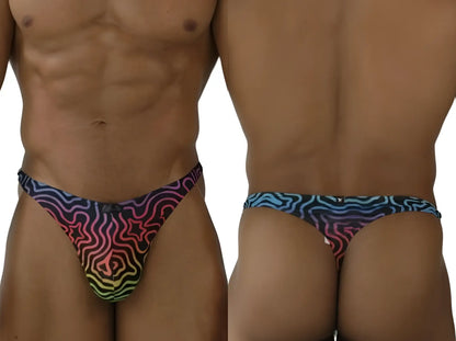 Xtremen 91284 printed microfiber thong with vibrant psychedelic rainbow gradient and bold black wavy lines visible from the back