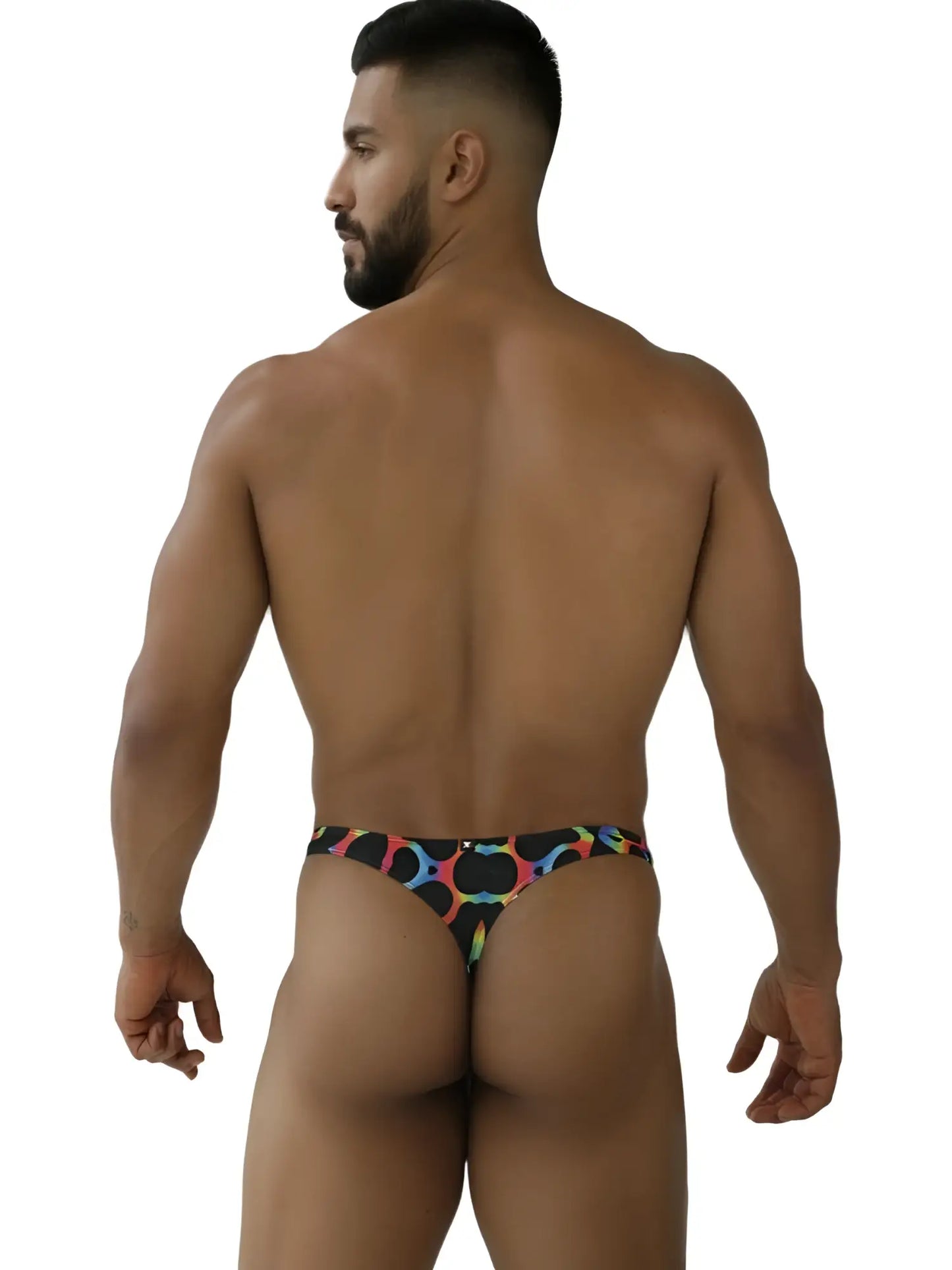 Xtremen 91284 printed microfiber thong in black with vibrant rainbow circular patterns and mushroom color accents