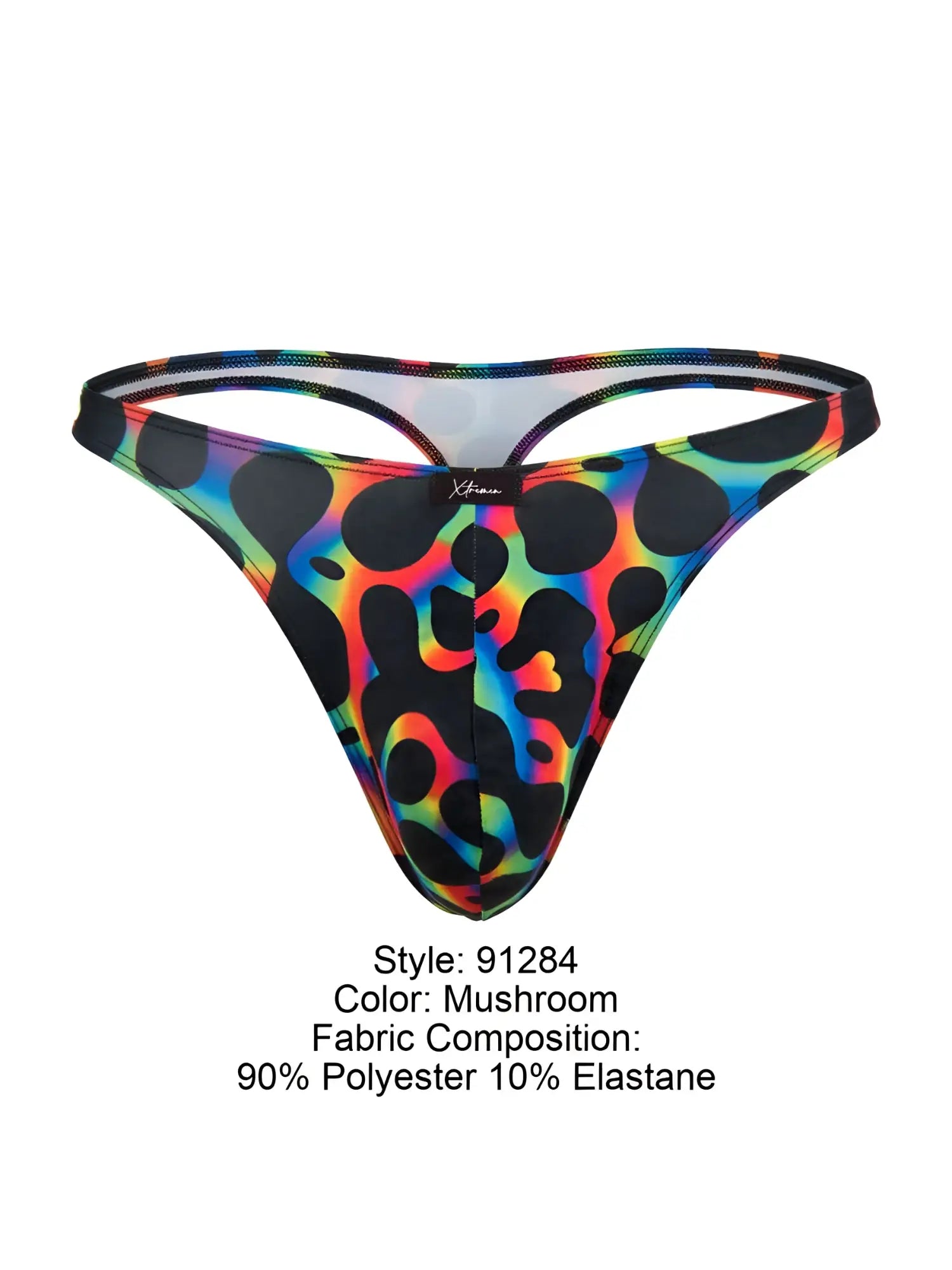 Vibrant rainbow leopard-print microfiber thong in mushroom colorway made of 90% polyester and 10% elastane