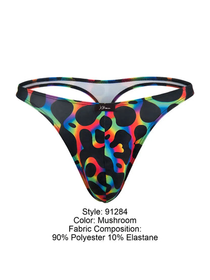 Vibrant rainbow leopard-print microfiber thong in mushroom colorway made of 90% polyester and 10% elastane