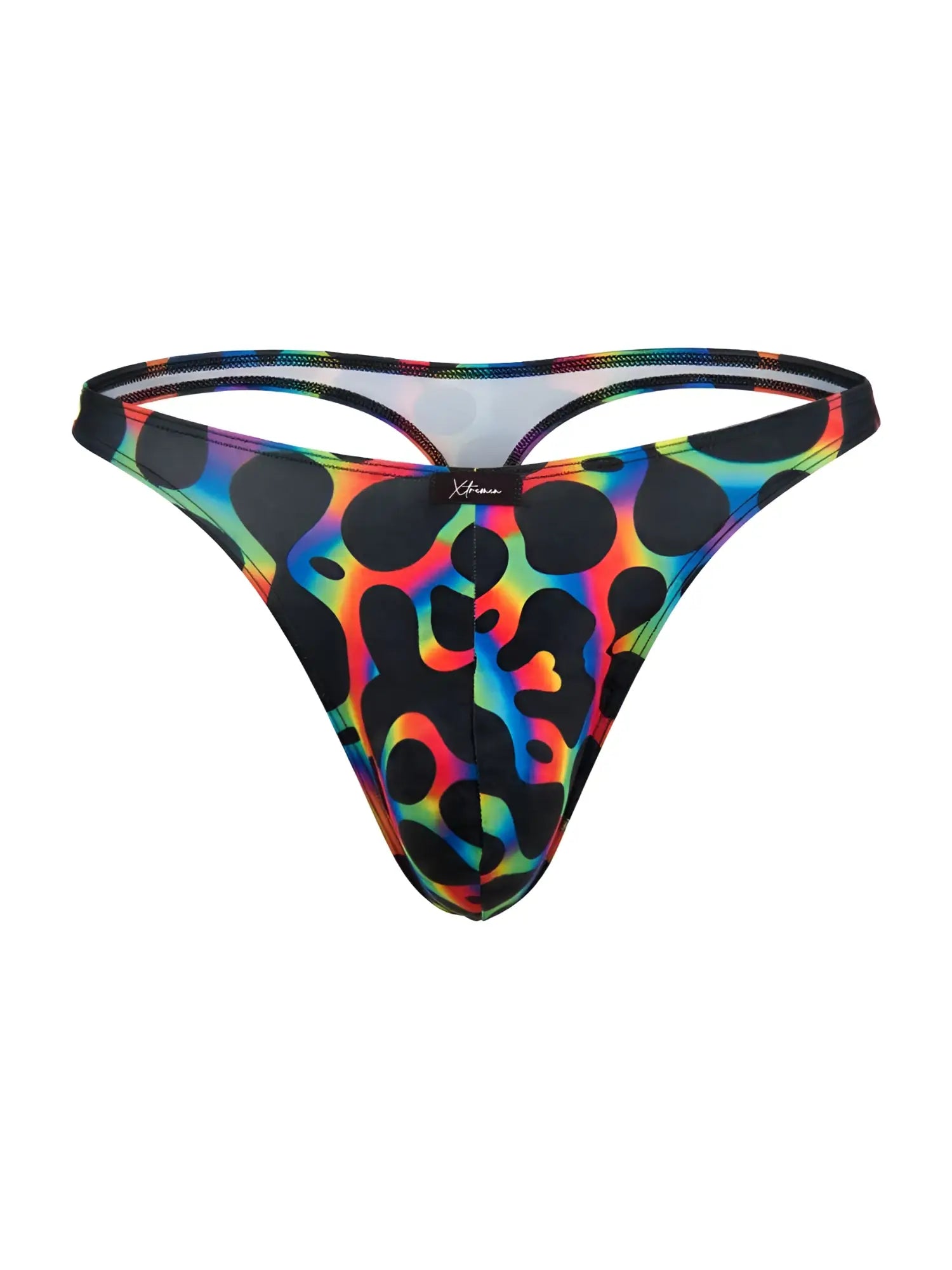 Xtremen 91284 microfiber thong in mushroom color with vibrant rainbow leopard print and black spots, sleek and form fitting design