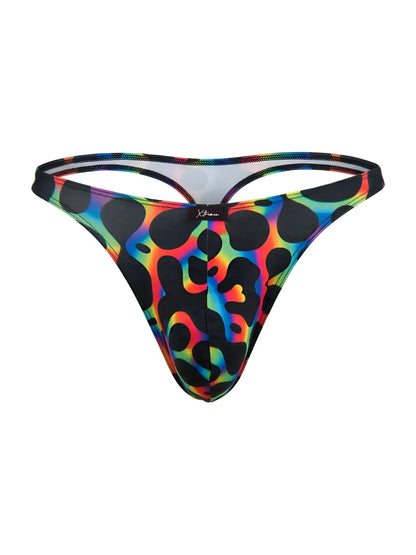Xtremen 91284 microfiber thong in mushroom color with vibrant rainbow leopard print and black spots, sleek and form fitting design