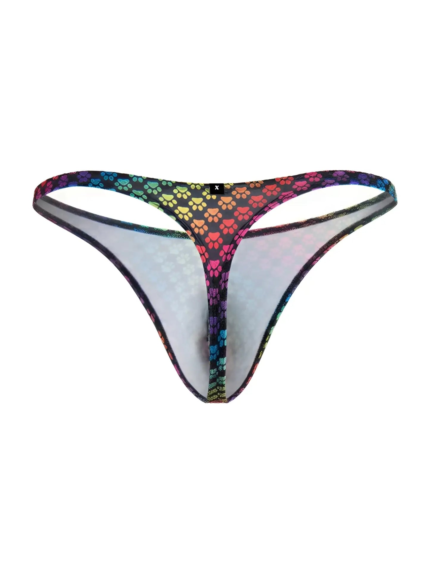 Xtremen 91284 printed microfiber thong with rainbow-colored paw print pattern and black trim sheer fabric