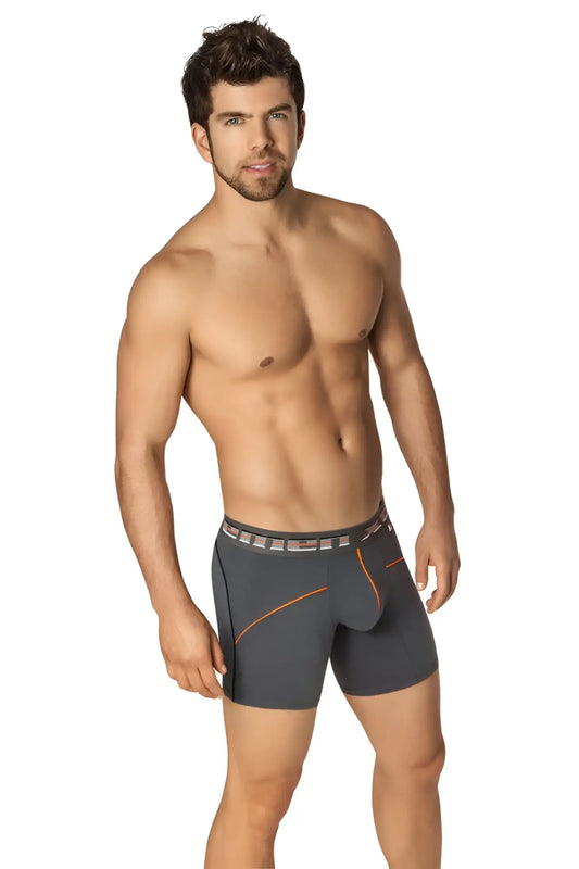 Dark gray xtremen cotton sport boxer brief underwear with orange stitching and patterned waistband size s
