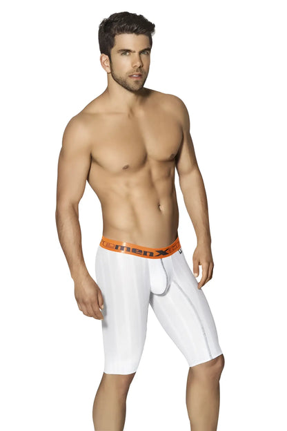 White men’s athletic microfiber long boxer briefs with orange clemenx waistband for sports use size l