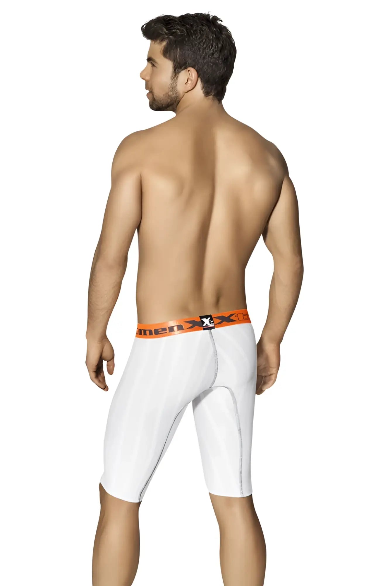 White men’s xtremen sports microfiber stripe compression shorts with orange waistband and men x logo size l