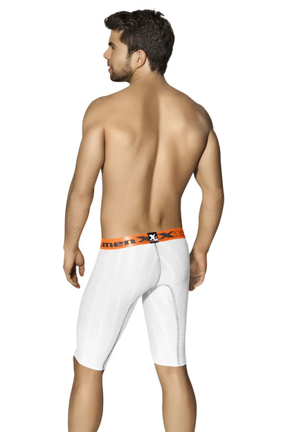 White men’s xtremen sports microfiber stripe compression shorts with orange waistband and men x logo size l