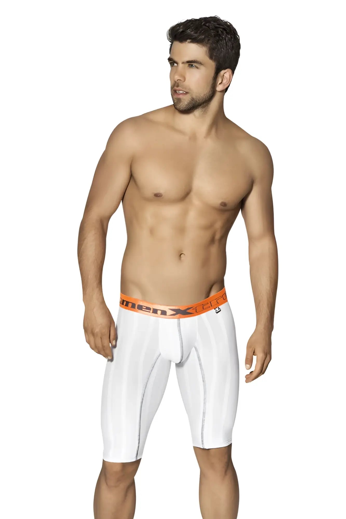 White men’s Xtremen Sports microfiber stripe compression shorts with orange waistband and menx logo size L