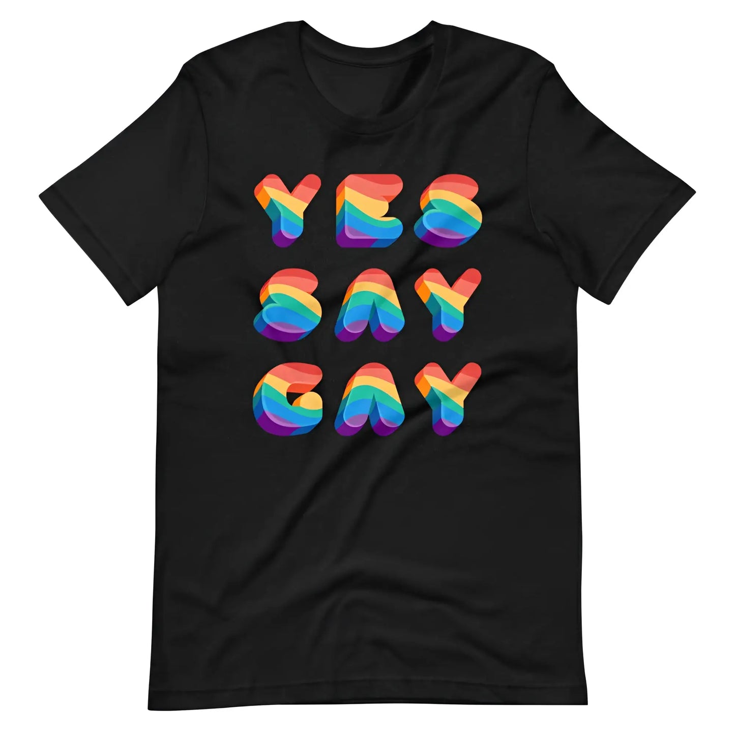 Black short-sleeved t-shirt with yes say gay phrase in bold rainbow gradient letters for pride and casual wear