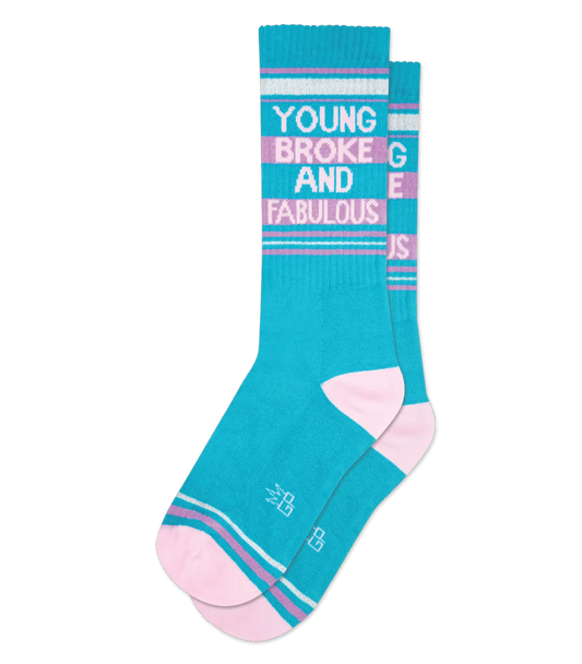 Teal and pink striped young broke and fabulous crew socks with white printed text perfect for casual wear