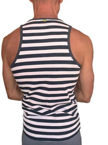 A men’s black and white striped tank top with ribbed neckline and armholes in fleece material for nautical style