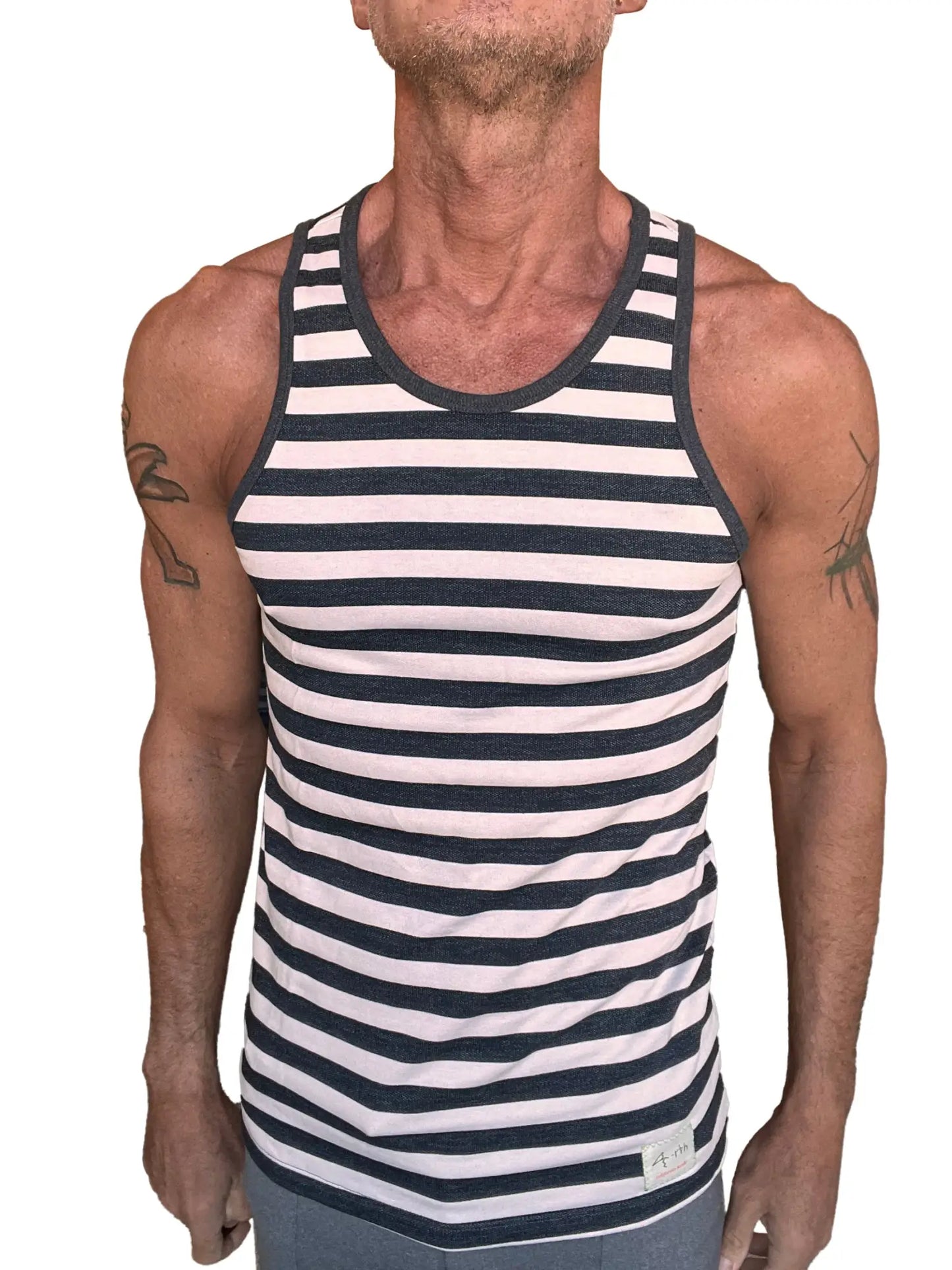 A navy and white striped fleece mens tank top with ribbed neckline and armholes from yummy nautical sustain line